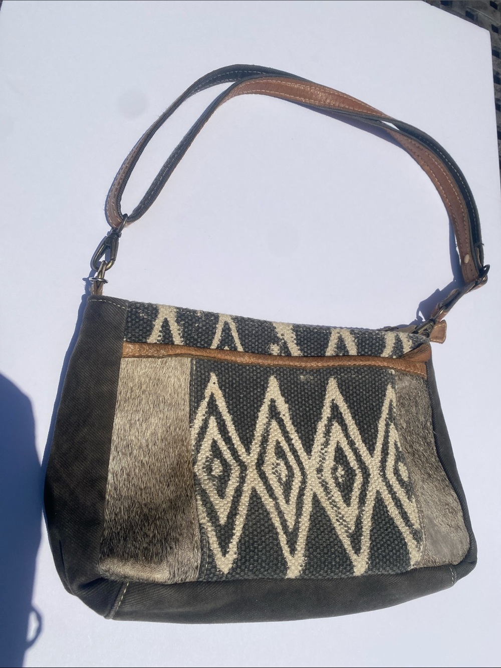 EUC Myra Crossbody Handbag in Grey and Tan Leather Aztec Design